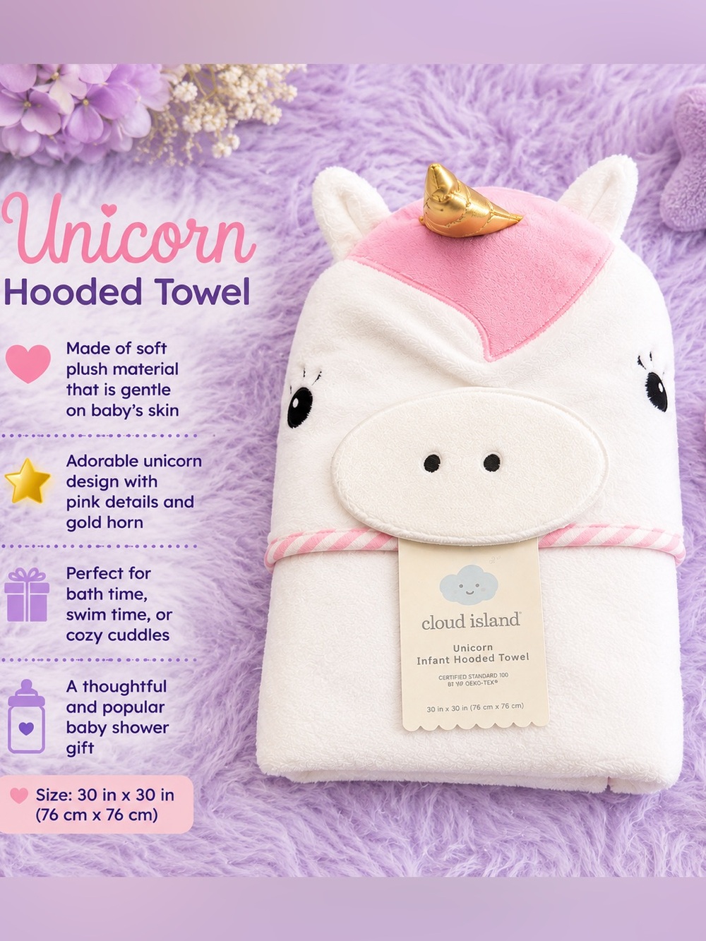 cloud island Baby Unicorn Hooded Towel in White, Pink & Gold 30”x30”
